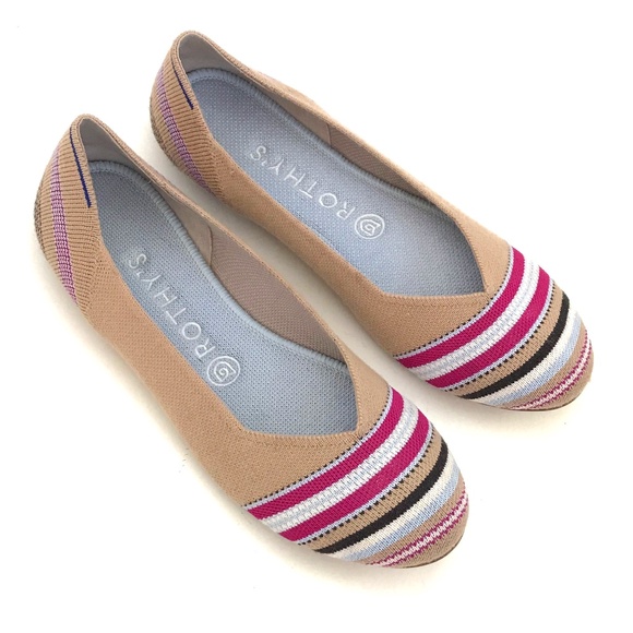 ROTHY’S Camel Ribbon Stripe Ballet Flats Merino Wool Women’s Size 8 - Picture 1 of 16